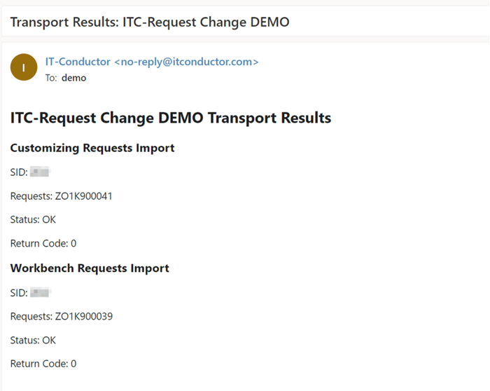 Change Request Demo Transport Results E-mail