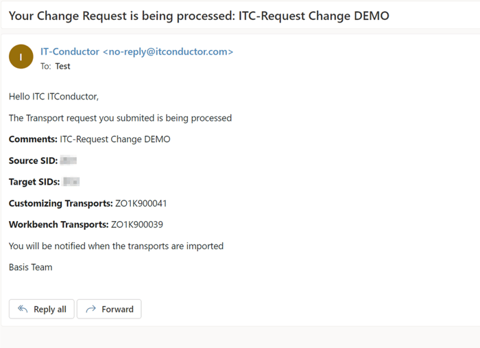 Your Change Request is being processed e-mail